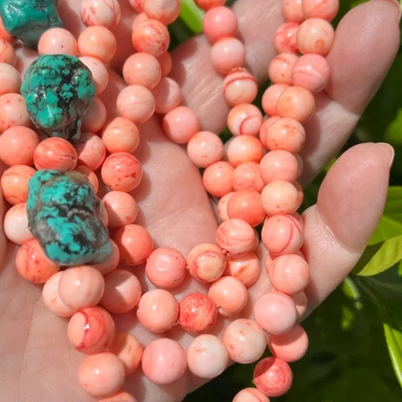 VINTAGE ANGEL SKIN CORAL &LARGE TURQUOISE BEADS LONG NECKLACE UNIQUE COLOR COMBO